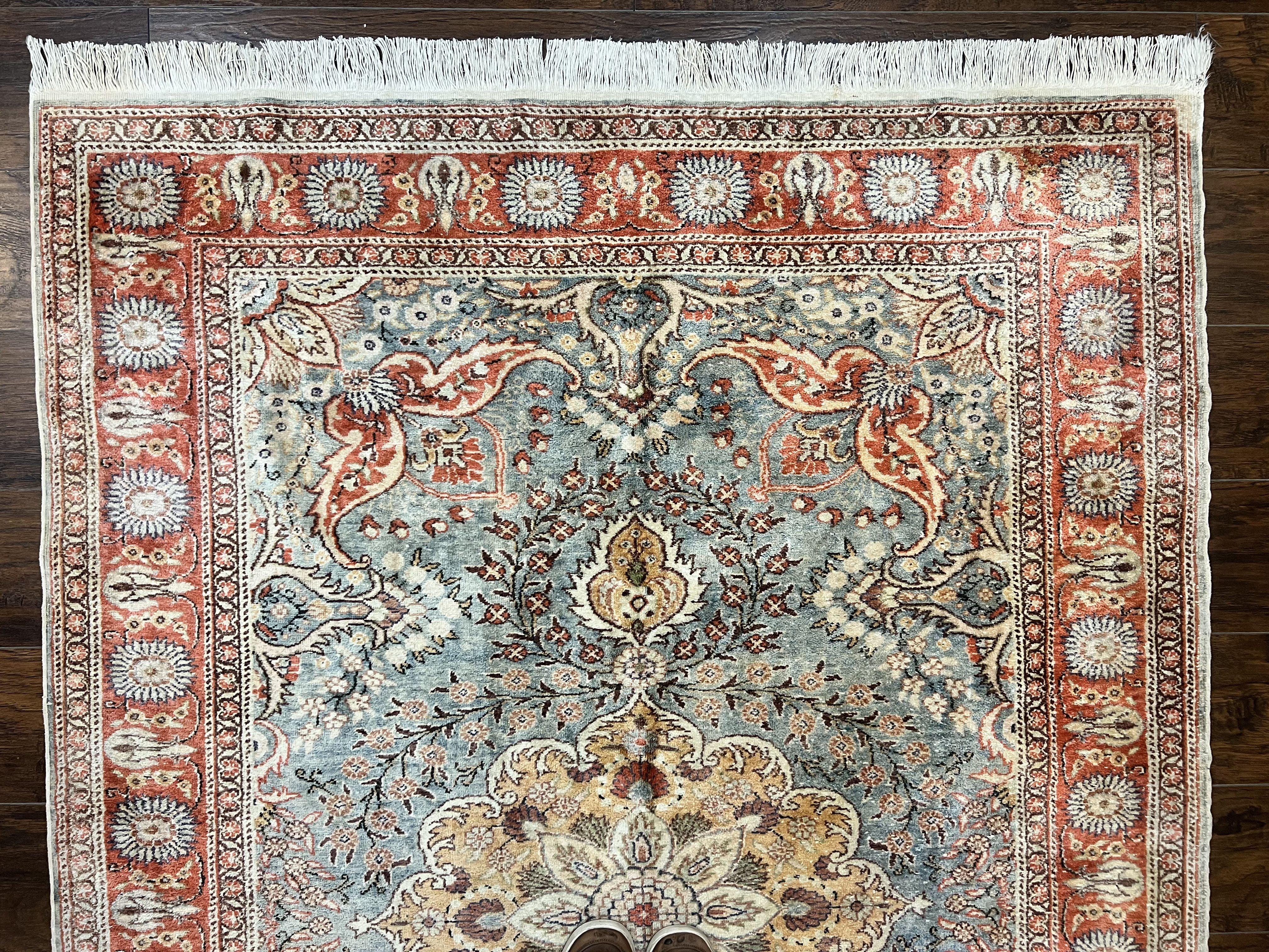 Silk Turkish Rug 5x7, Light Blue Silk Carpet, Floral Medallion, Turkish Kayseri Rug, Vintage Handmade Oriental Rug-1