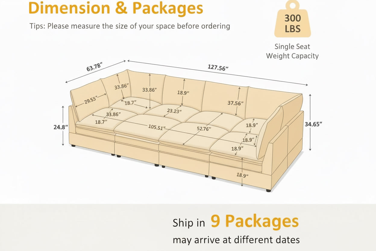 Yellow sectional sofa with dimensions and weight capacity information on a white background