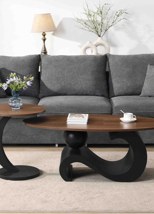 Black Nesting Coffee Table Set of 2, Oral and Round Coffee Table Set, Industrial Table for Living Room, Large 47.24'', Small 19.69''-0
