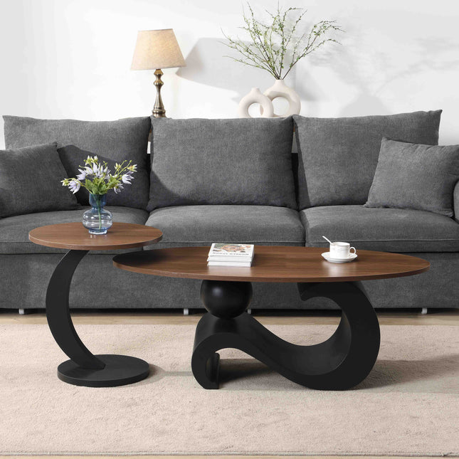 Black Nesting Coffee Table Set of 2, Oral and Round Coffee Table Set, Industrial Table for Living Room, Large 47.24'', Small 19.69''-0