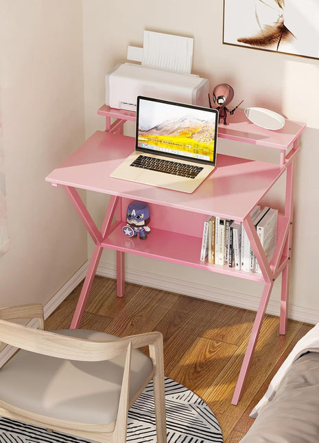Small Desk, 27.5 Inch Small Computer Desk for Small Spaces, Compact Desk with Storage, Tiny Desk Study Desk with Monitor Stand for Home Office, Pink-1