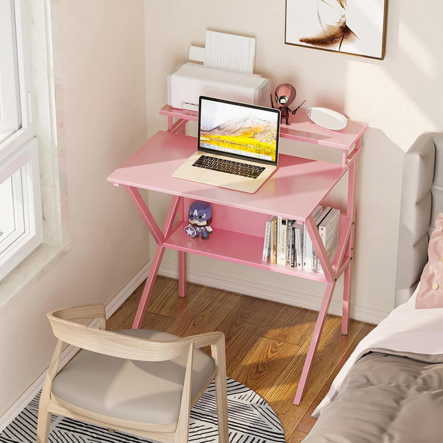 Small Desk, 27.5 Inch Small Computer Desk for Small Spaces, Compact Desk with Storage, Tiny Desk Study Desk with Monitor Stand for Home Office, Pink-1