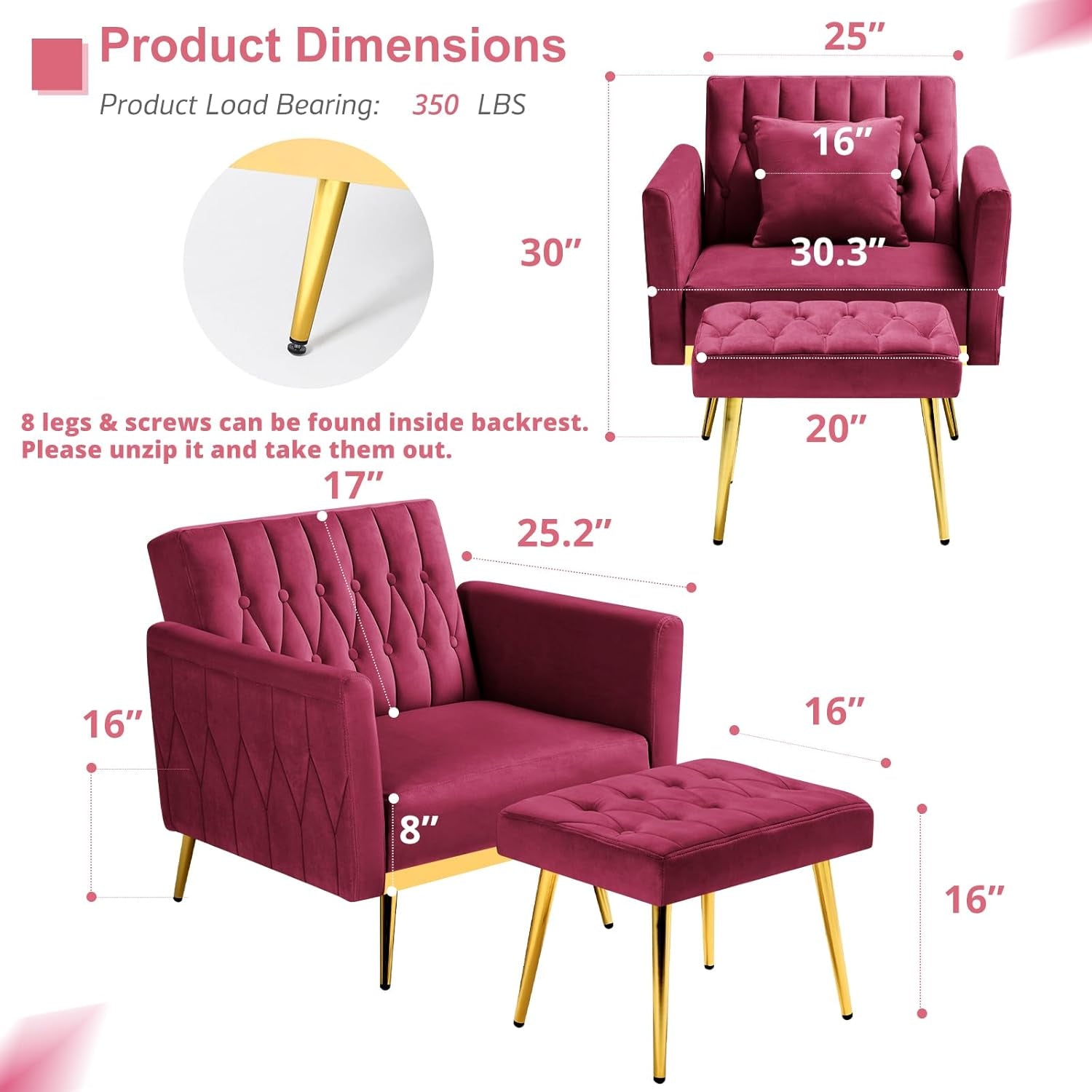 Velvet Futon Sofa Set Adjustable Backrests And Armrests 70 Inch Convertible Sofa Bed And Tufted Accent Chair Fuchsia-1