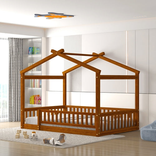Wood Bed House Bed Frame with Fence, for Kids, Teens, Girls, Boys
