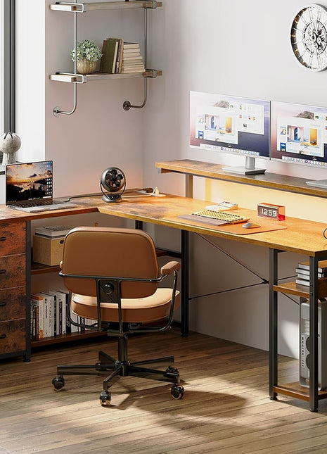61" L Shaped Desk with Drawer, Computer Desk with Power Outlets & LED Lights, Reversible Corner Gaming Desk for Home Office Workstation, Office Desk with Monitor Shelf, Vintage-1