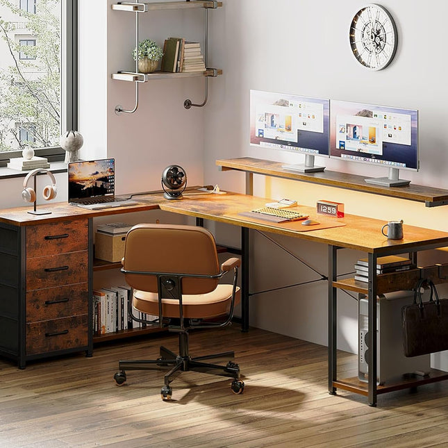 61" L Shaped Desk with Drawer, Computer Desk with Power Outlets & LED Lights, Reversible Corner Gaming Desk for Home Office Workstation, Office Desk with Monitor Shelf, Vintage-1