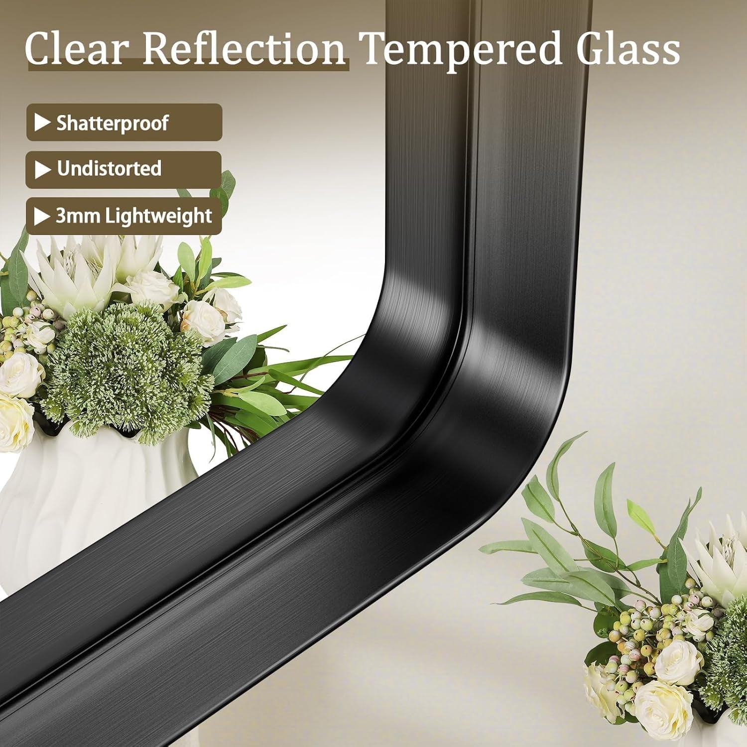 Clear reflection tempered glass with black frame, flowers in the background