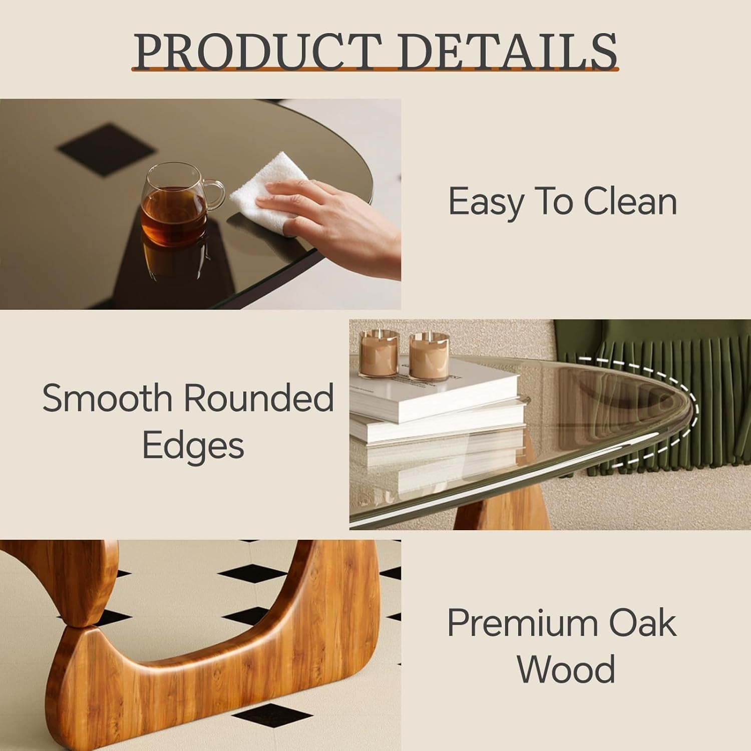 Product details of a table with text on ease of cleaning, rounded edges, and premium oak wood.