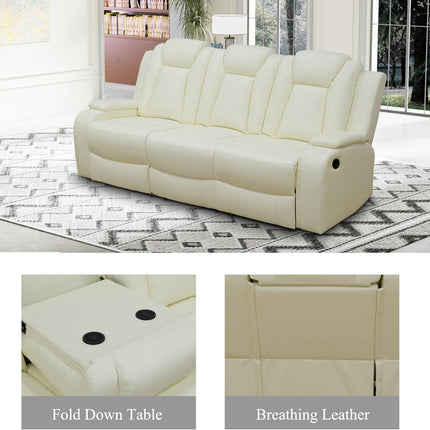 Cream White Leather Power Recliner Sofa with LED, USB, Console & Cup Holders