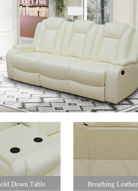 Leather Power Recliner Sofa Set with LED, Living Room Furniture Set, Leather Sofa Set with USB Port Storage Console Cup Holder (Power Reclining Sofa Set, Cream White)