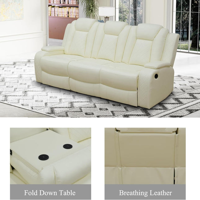 Cream White Leather Power Recliner Sofa with LED, USB, Console & Cup Holders