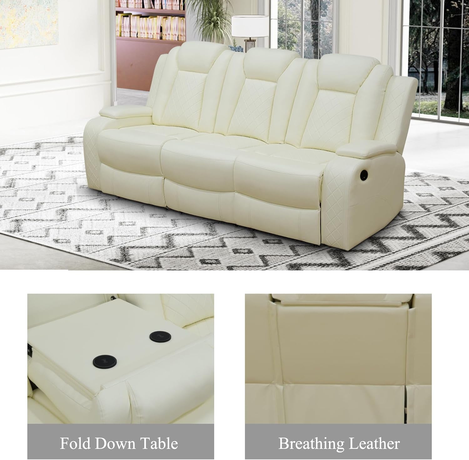 Cream-colored sofa with fold-down table and breathing leather features in a living room setting.