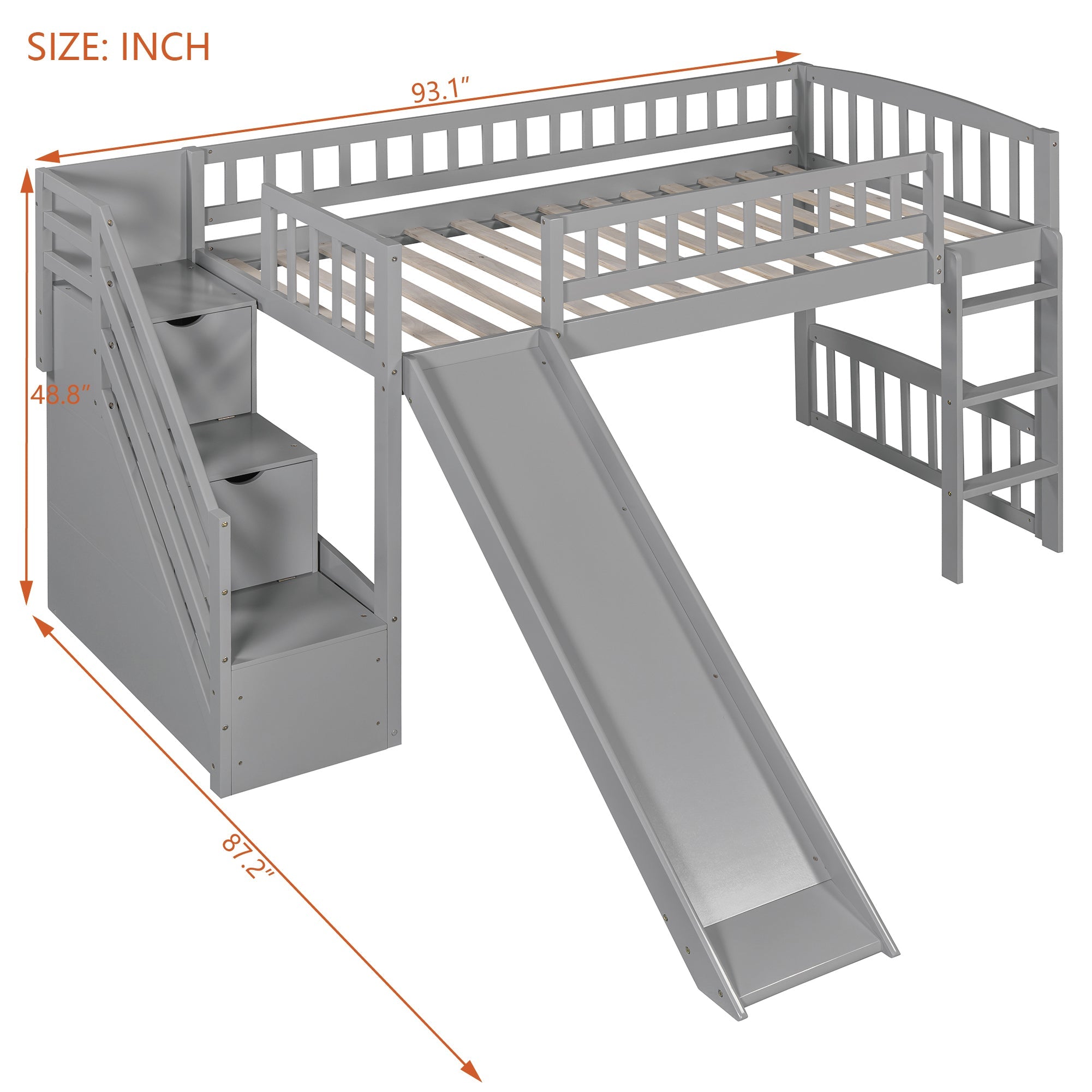 Stairway Twin Size Loft Bed with Two Drawers and Slide