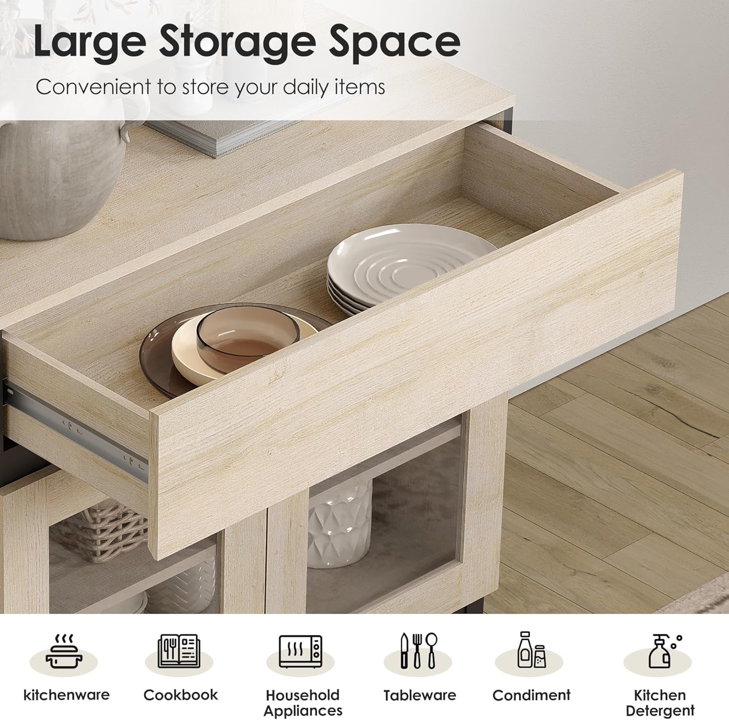 Wooden cabinet with open drawer containing plates and bowls, labeled 'Large Storage Space'.