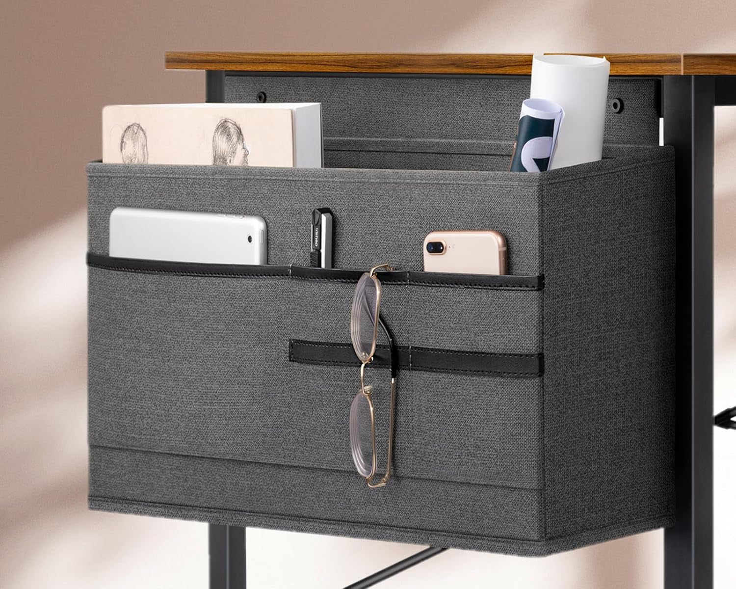 Small Desk with Power Outlets and USB Port Computer Desk for Home Office Gaming Simple Modern Style Writing Desks with Storage Bag Headphone Hook, 40 Inch, Rustic Brown-4