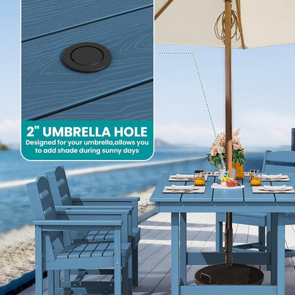7-Piece Patio Dining Table Sets, Outdoor HDPE Dining Furniture Set with Umbrella Hole Cut-Out Table and 6 Chairs, Blue-2
