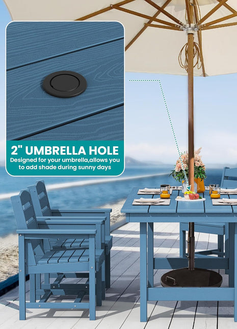 7-Piece Patio Dining Table Sets, Outdoor HDPE Dining Furniture Set with Umbrella Hole Cut-Out Table and 6 Chairs, Blue-2