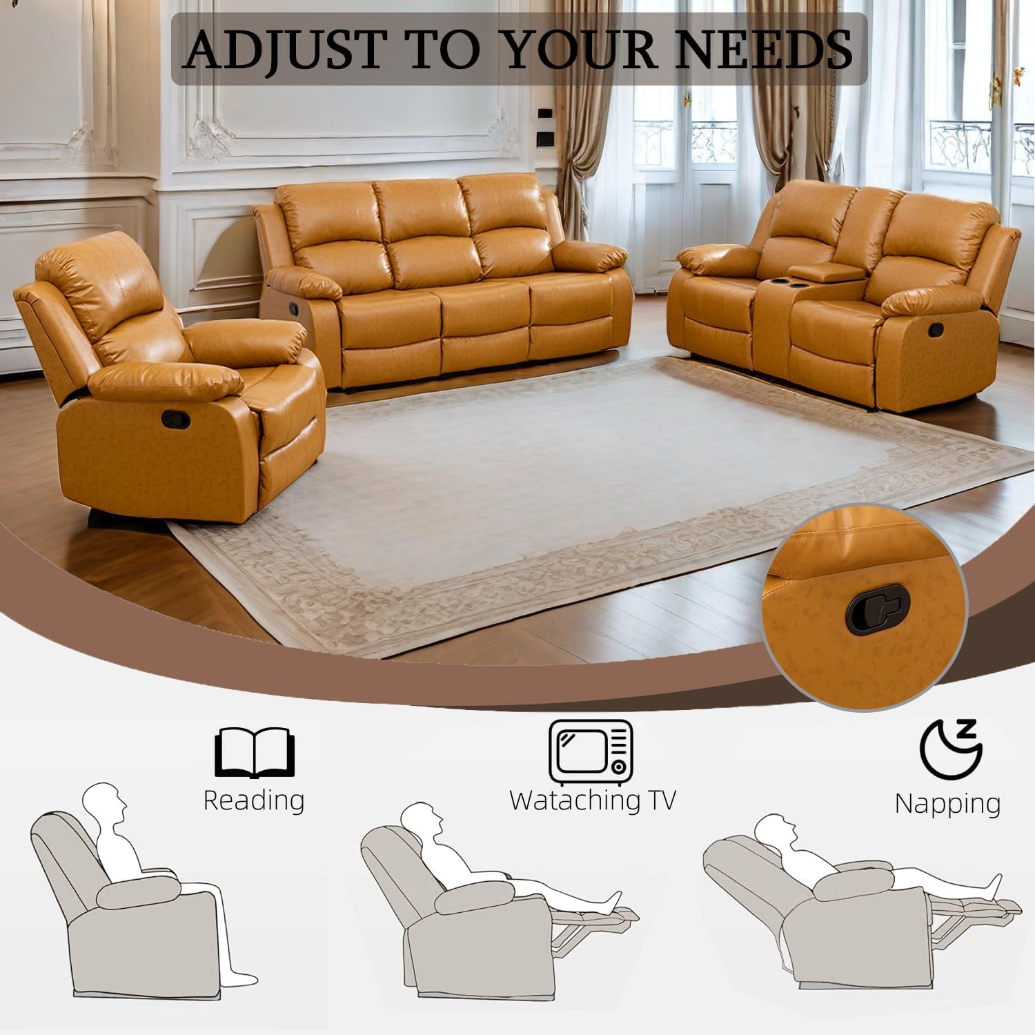 Brown leather recliner sofa set in a living room with adjustable features shown below.