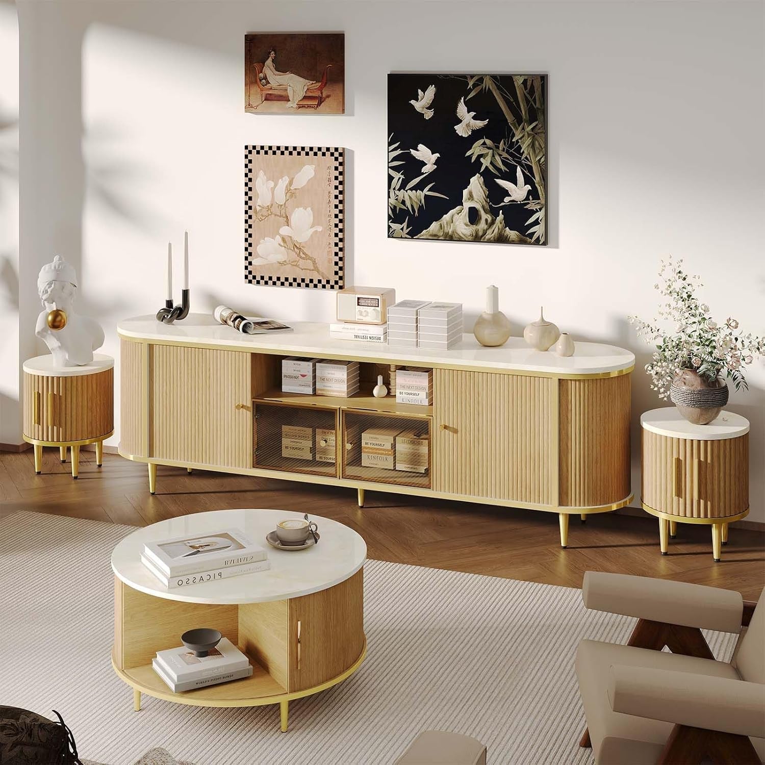 Modern living room with wooden furniture and decorative items.