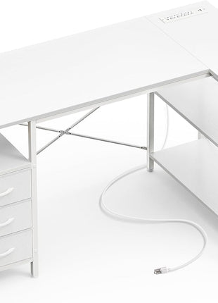 L Shaped Desk with Power Outlets, Computer Desk with 3 Drawers, 47 Inch Office Desk with Shelves, Gaming Desk, Corner Desk Work Desk for Home Office, Study, White-0