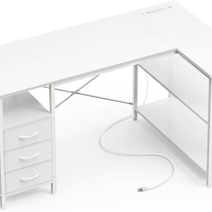 L Shaped Desk with Power Outlets, Computer Desk with 3 Drawers, 47 Inch Office Desk with Shelves, Gaming Desk, Corner Desk Work Desk for Home Office, Study, White-0