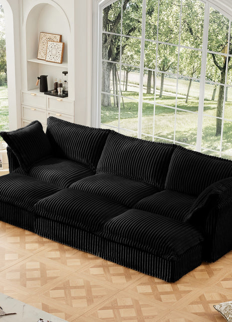Living Room Sofa Slipcovered Sofa 3 Seater Sofa With 3 Ottomans, Oversized 3-Seat Sleeper Sofa Bed Home Theater Sofa, Corduroy, Black-0