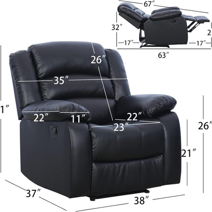 Black Recliner Chair Set of 2, with Overstuffed Arm and Back, Breathable Faux Leather Manual Reclining Chairs, Living Room Single Sofa Recliners-1