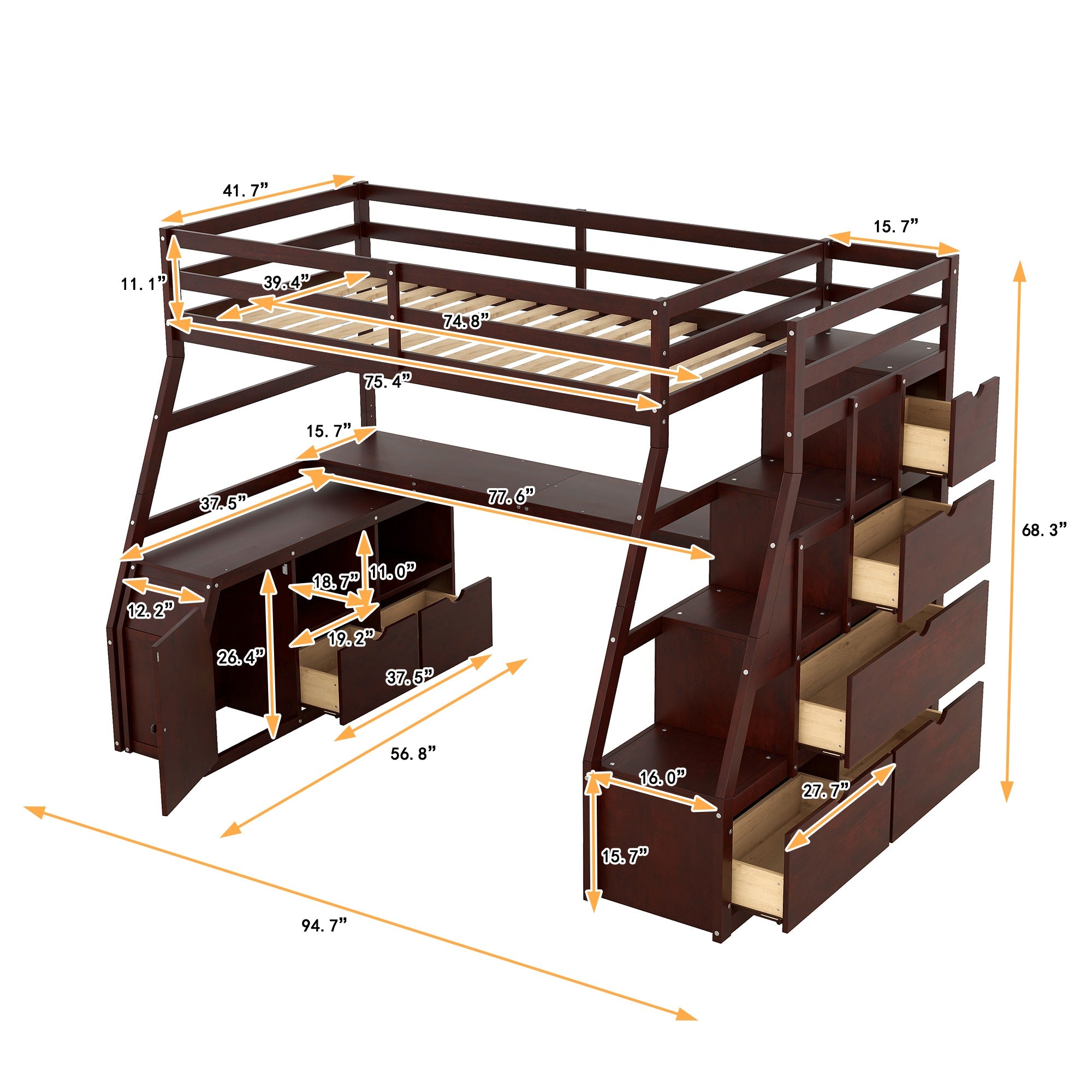 Twin Size Loft Bed with 7 Drawers 2 Shelves and Desk
