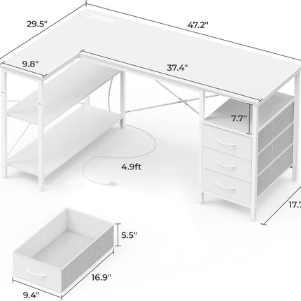 L Shaped Desk with Power Outlets, Computer Desk with 3 Drawers, 47 Inch Office Desk with Shelves, Gaming Desk, Corner Desk Work Desk for Home Office, Study, White-2