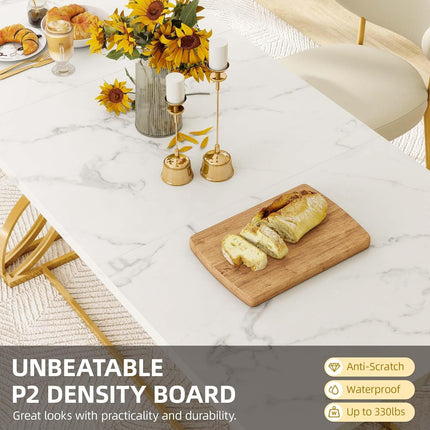 70.3" Large Modern Dining Table for 6-8 People Rectangular White Kitchen Dining Room Table with Faux Marble Tabletop and Gold Geometric Metal Legs Farmhouse Wood Dinner Tables, White and Gold-2
