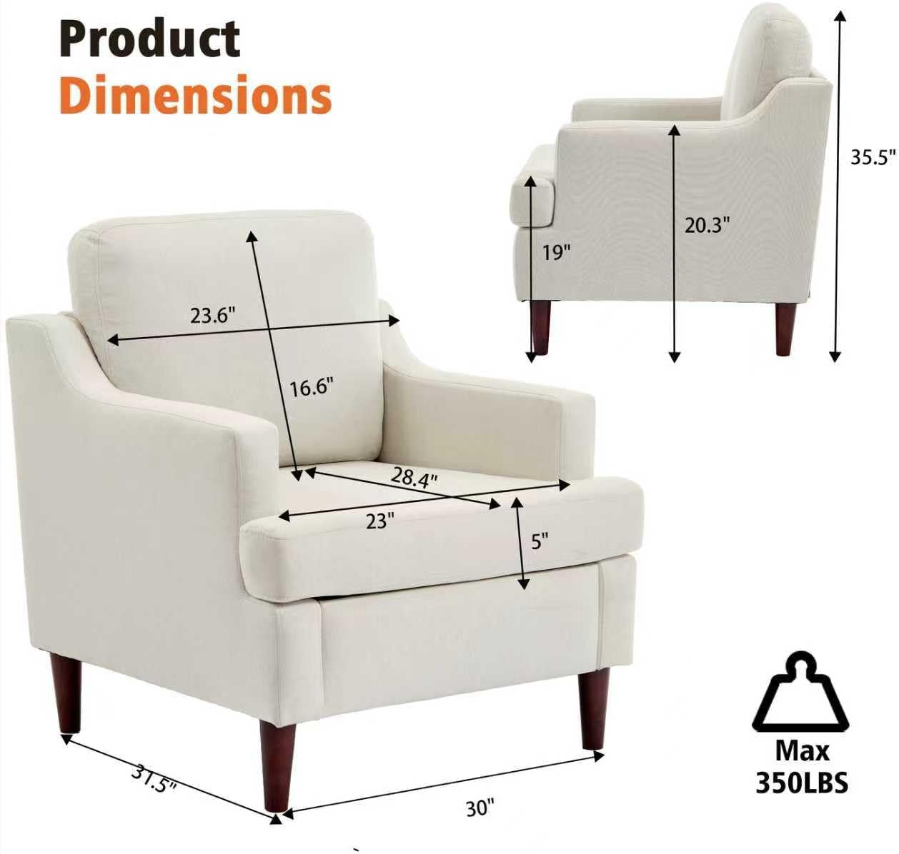 White armchair with dimensions labeled on a white background