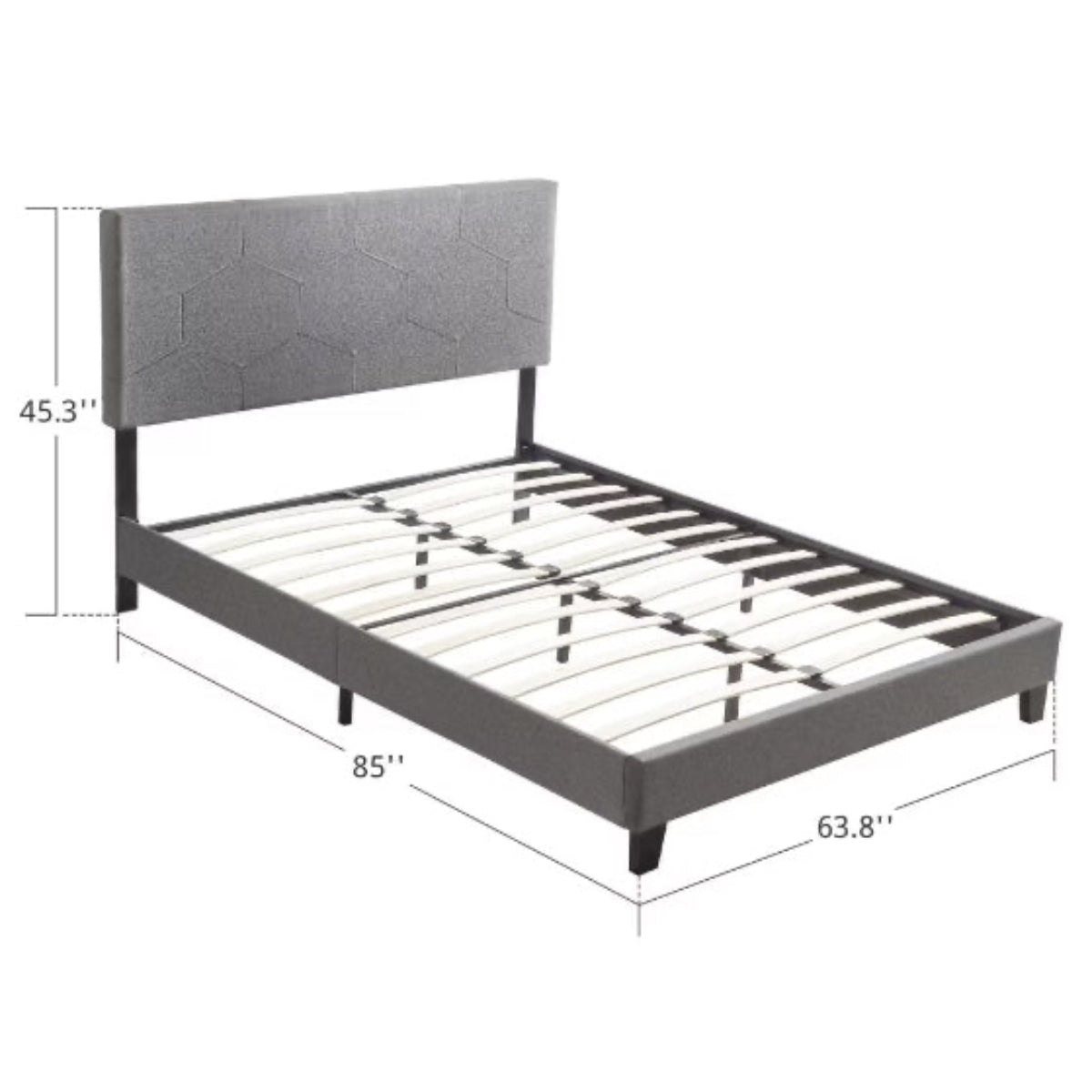 Gray bed frame with dimensions on a white background