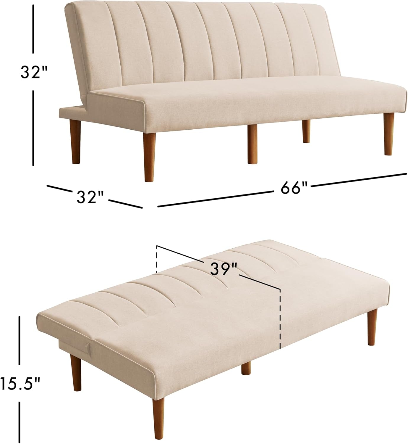 Beige sofa bed with dimensions labeled on a white background
