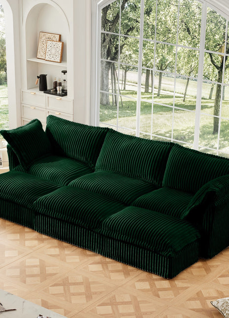 Living Room Sofa Slipcovered Sofa 3 Seater Sofa With 3 Ottomans, Oversized 3-Seat Sleeper Sofa Bed Home Theater Sofa, Corduroy, Green