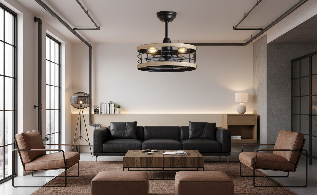 Ceiling fan with light fixture in a room with a lamp and table.