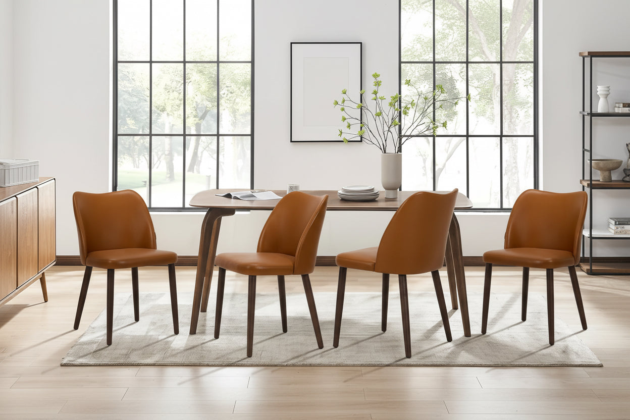 Dining room setup with brown chairs and a table, featuring product details on a white background.
