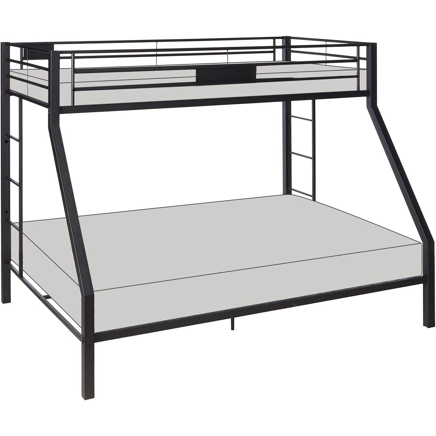Bunk bed with black metal frame and white mattress on a white background