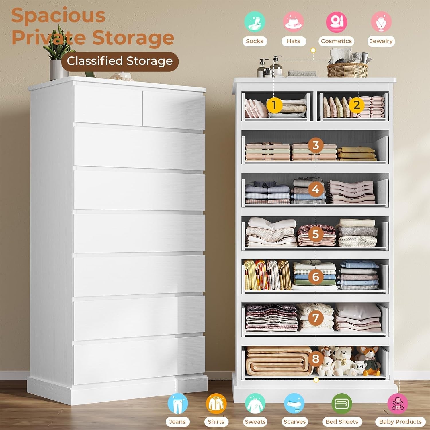 White storage cabinet with labeled shelves against a neutral wall.