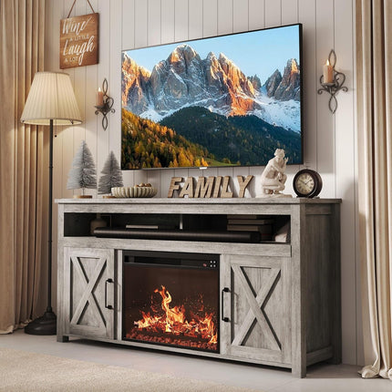 Barn Door Wood Electric Fireplace TV Stand for Tvs up to 65 Inches Open Shelves and Cabinets Media Entertainment Center Console Table - Corin (Gray Wash)