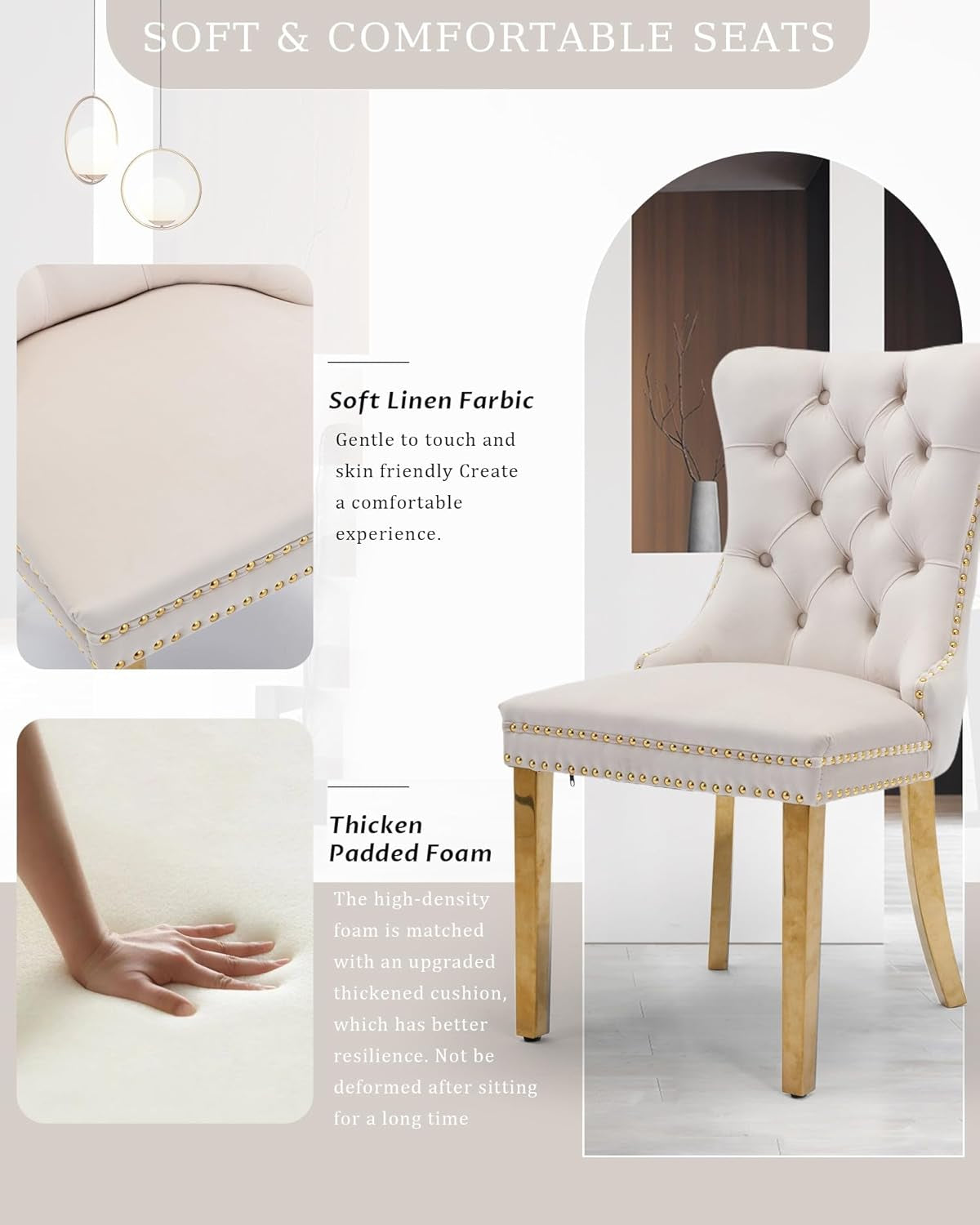 Hardy Haus Beige Velvet Dining Chairs Set of 2 with Tufted Upholstery