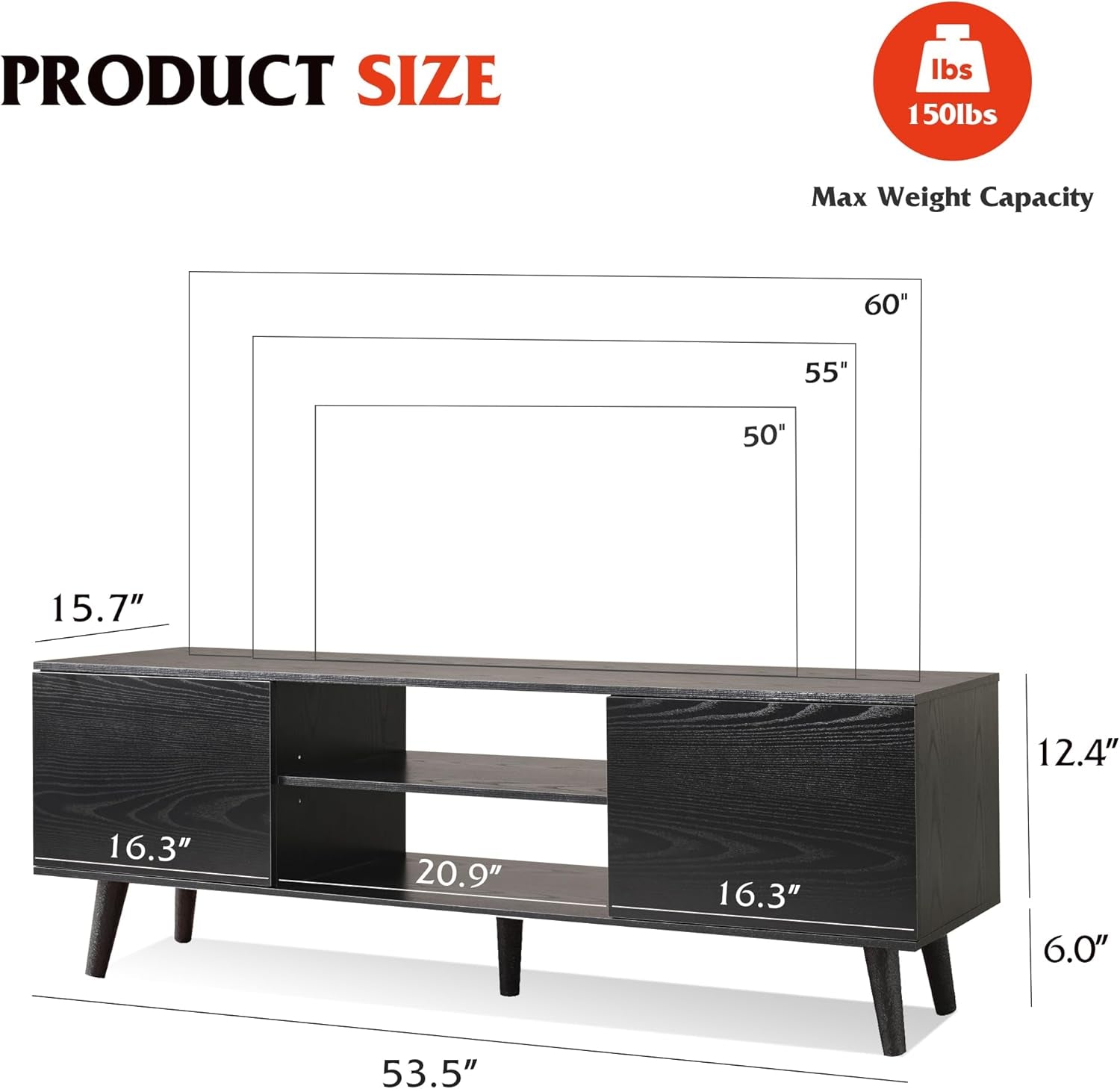 Dimensions of a black TV stand with weight capacity label