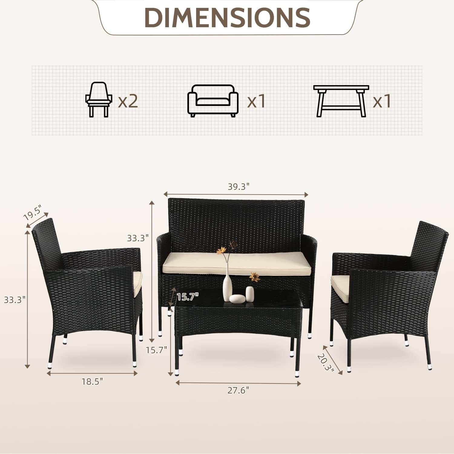 Dimensions of a patio furniture set with two chairs, one sofa, and a table.