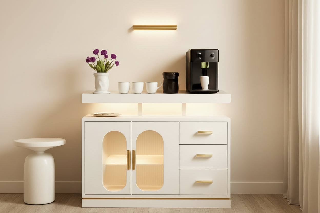 Modern kitchen setup with a white cabinet, coffee machine, and decorative items on a beige wall background.
