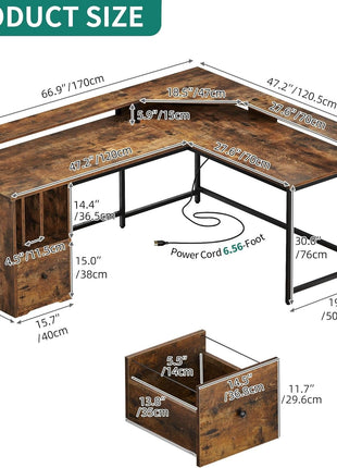 L Shaped Desk with Power Outlets & LED Lights, 67" Computer Desk with File Drawer, Corner Desk Home Office Desk with Monitor Stand & 3 Cubbies Storage Shelves, Rustic Brown-2