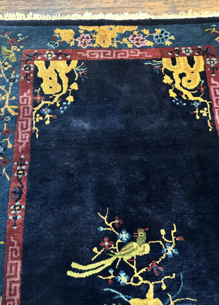 Antique Chinese Peking Rug 3x6, Dark Blue, Bird Motif, Handmade Wool Art Deco Asian Oriental Carpet, Pair B-2