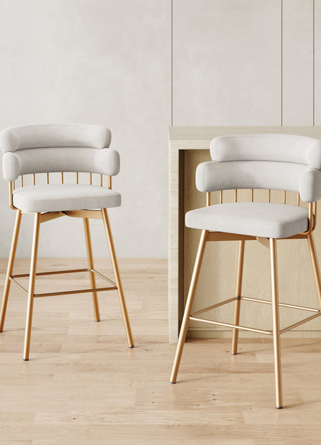 26' Counter Height Bar Stools Set of 2, 180° Swivel Upholstered Barstools with Backs and Metal Legs, Bar Stools for Kitchen Island, Cafe, Pub,-0