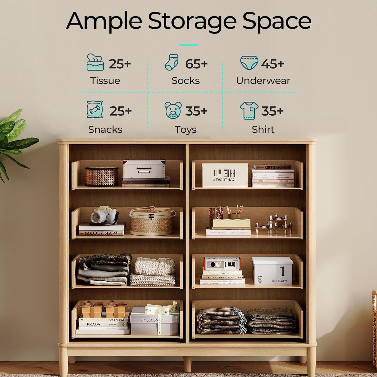 Wooden storage shelf with various items and text indicating storage capacity.