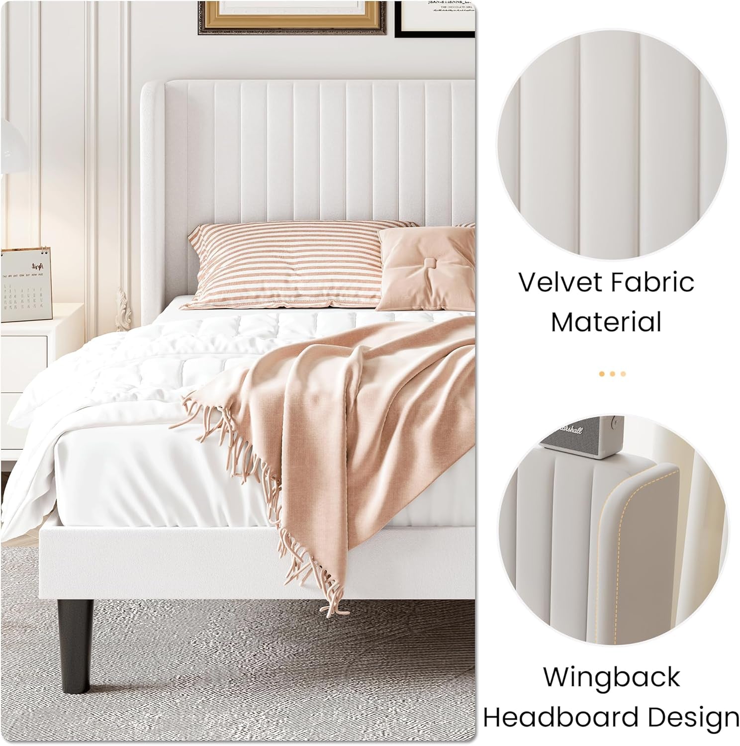 White bed with pink bedding and blanket in a bedroom setting, highlighting velvet fabric and wingback headboard design.