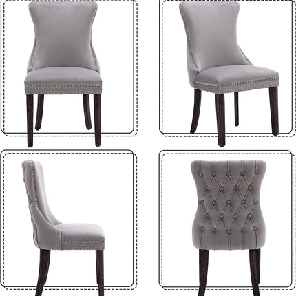 Set of 2 Light Gray Velvet Tufted Wingback Dining Side Chairs, Nailhead, Solid Wood Legs-3