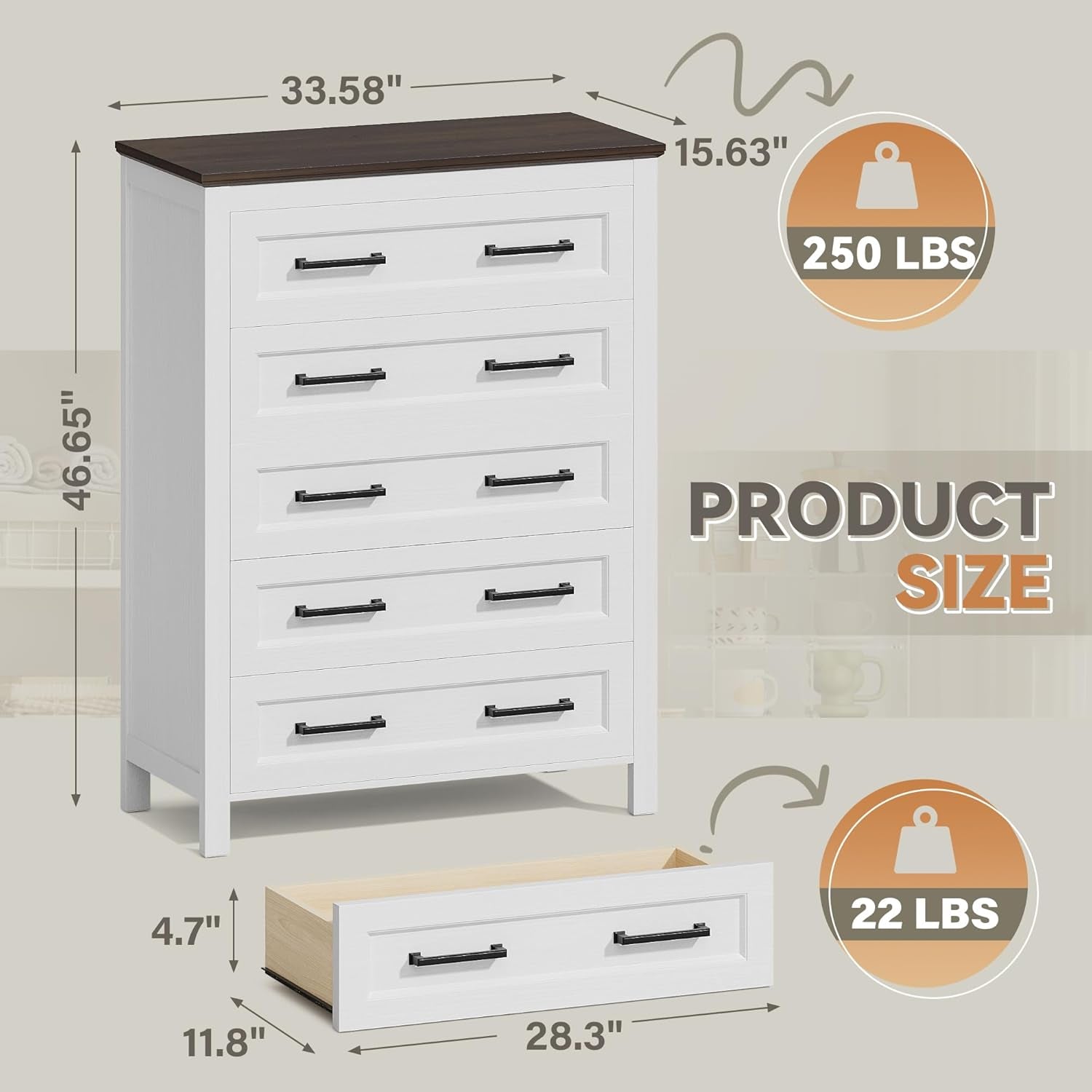 White dresser with dimensions and weight capacity on a neutral background